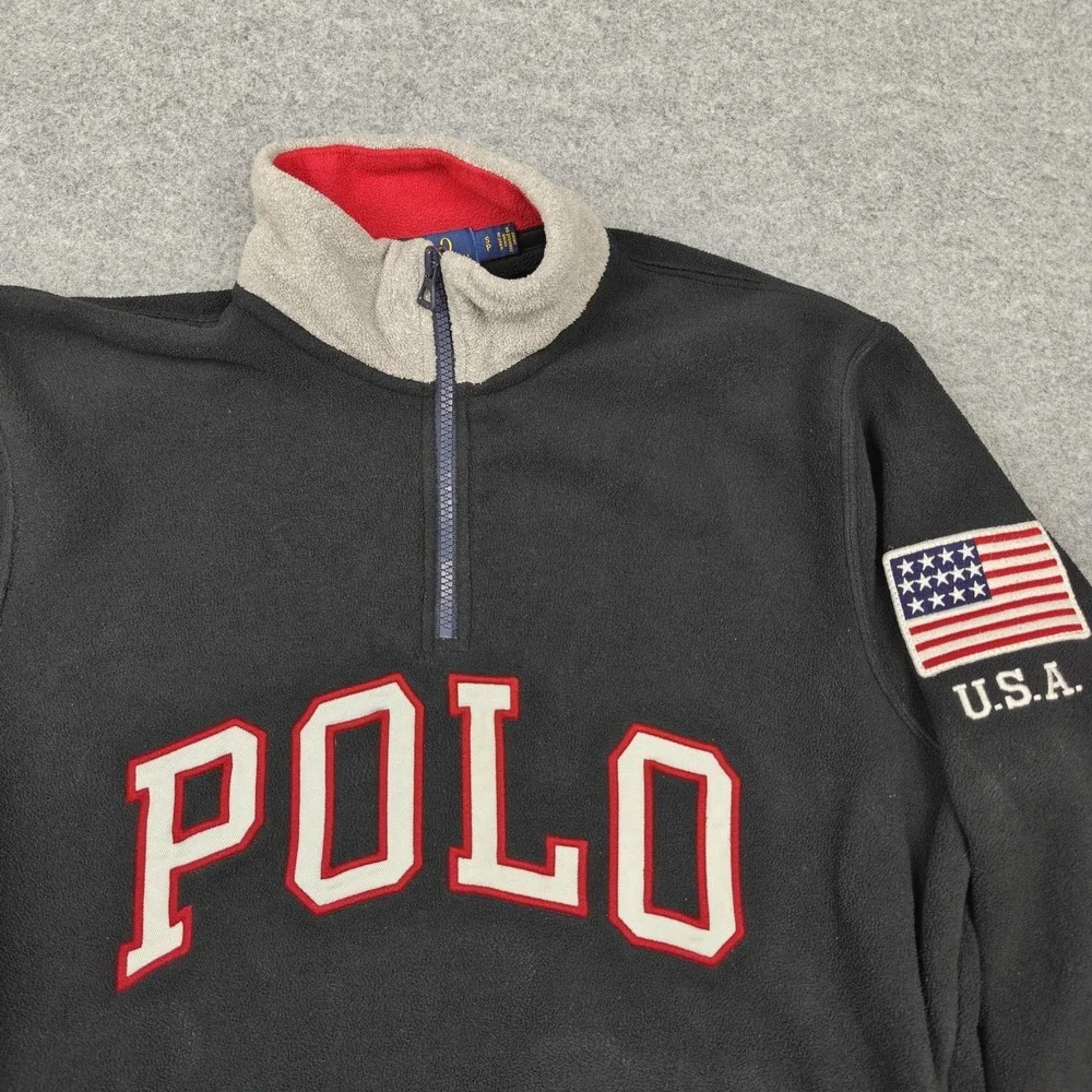 Polo Ralph Lauren Sweatshirt Mens Small Black 1/4 Zip Fleece USA Flag Sleeve